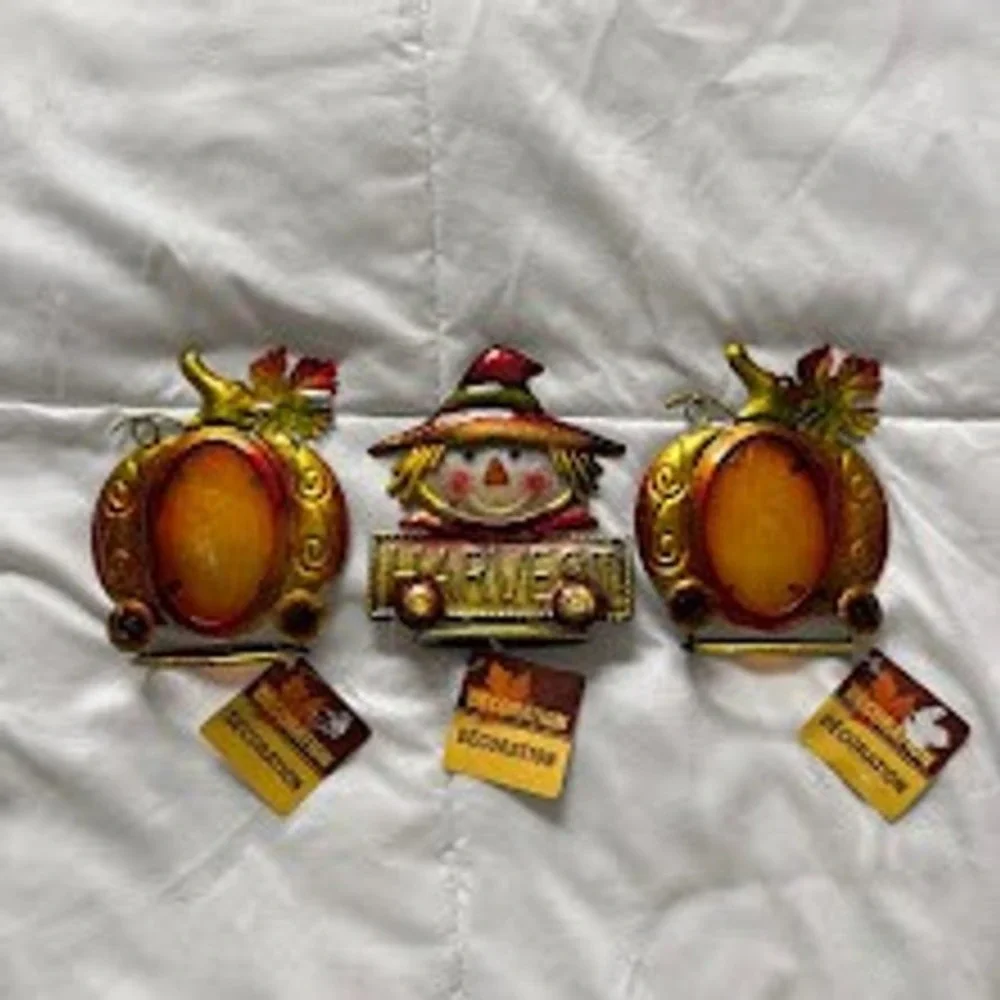 NWT Greenbrier International Fall Metal Pumpkin Scarecrow 3 Sun Catchers Sitters
